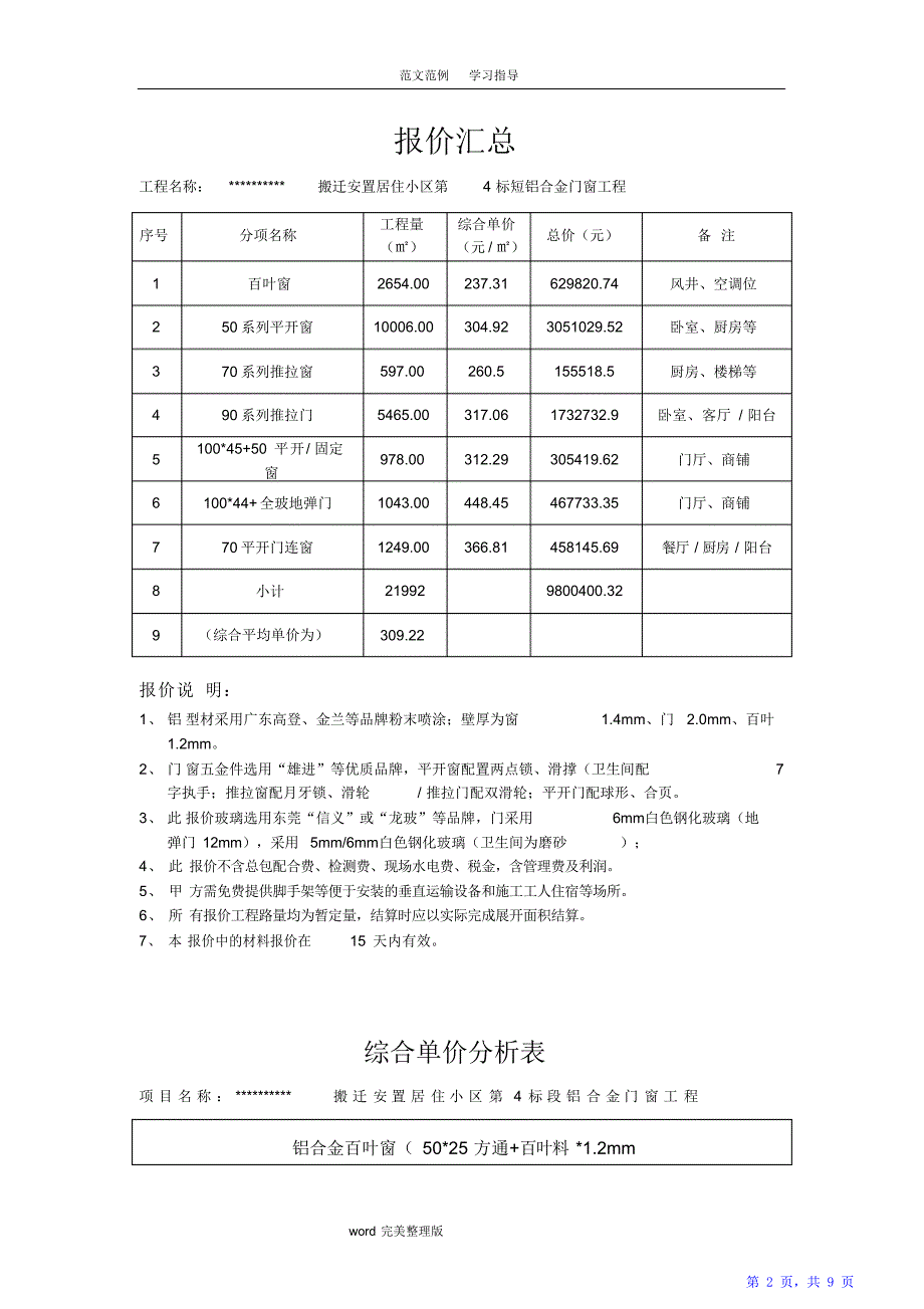 铝合金门窗工程报价规范方案（精华版）_第2页