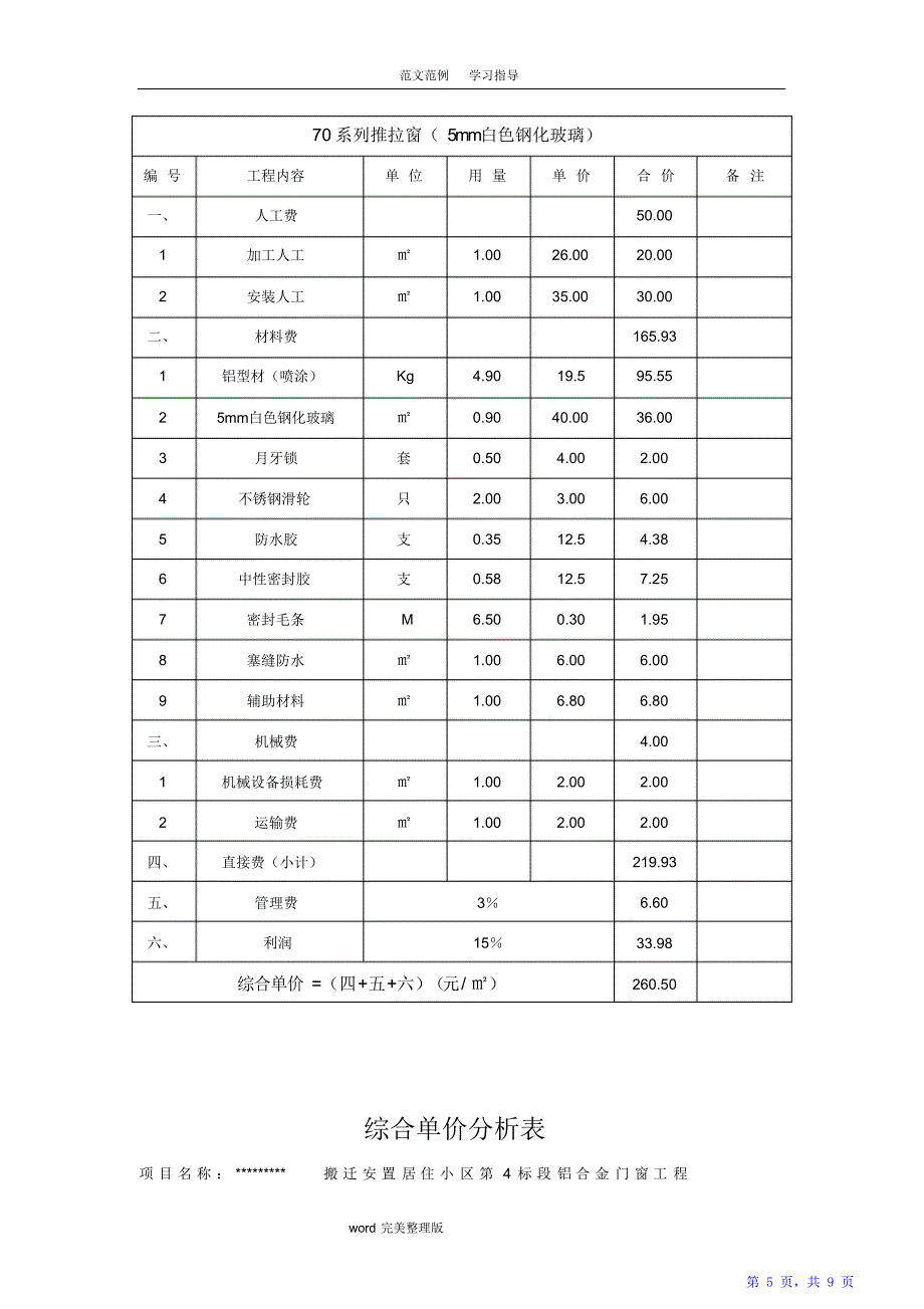 铝合金门窗工程报价规范方案（精华版）_第5页