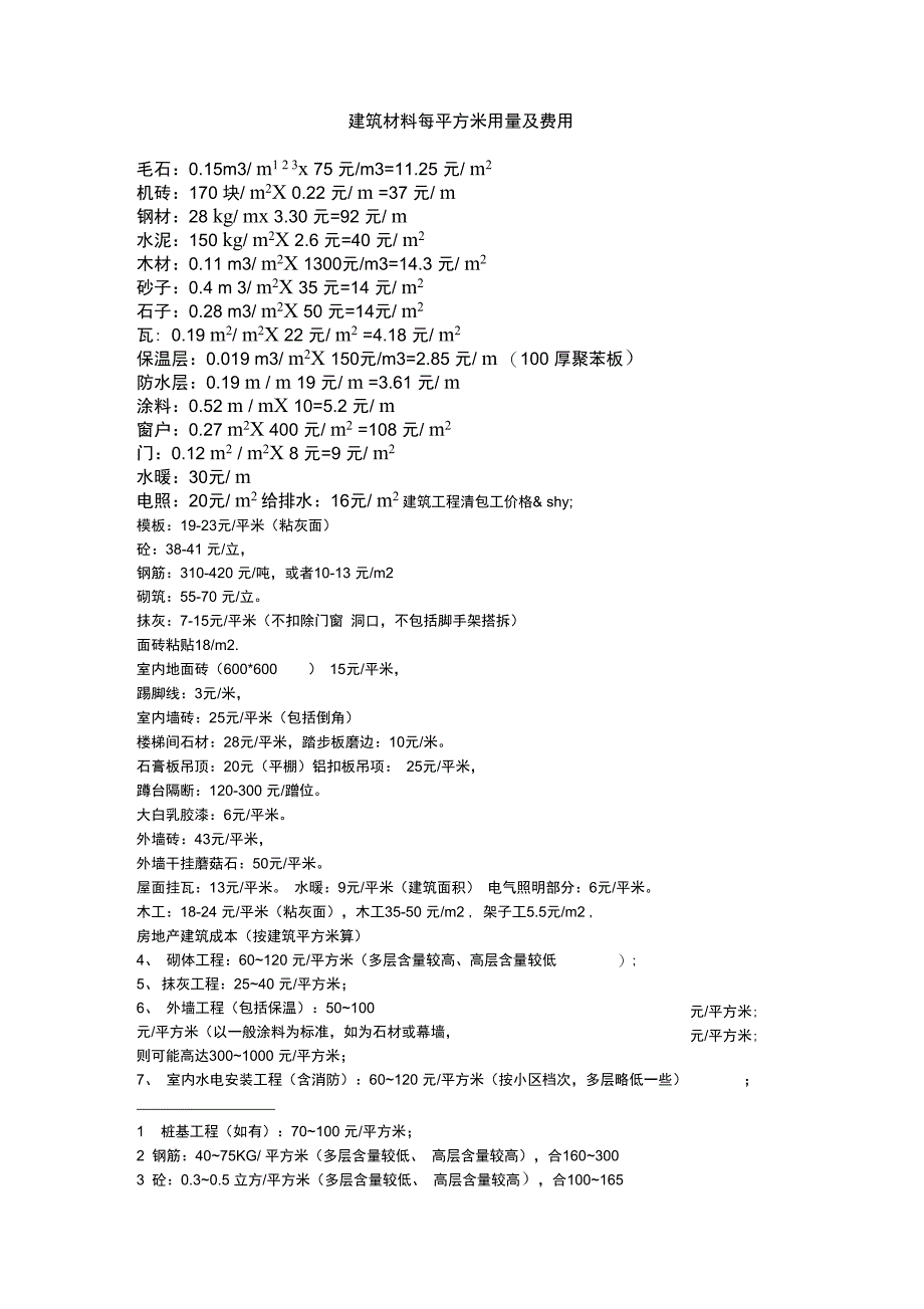 建筑材料每平方米用量及费用_第2页