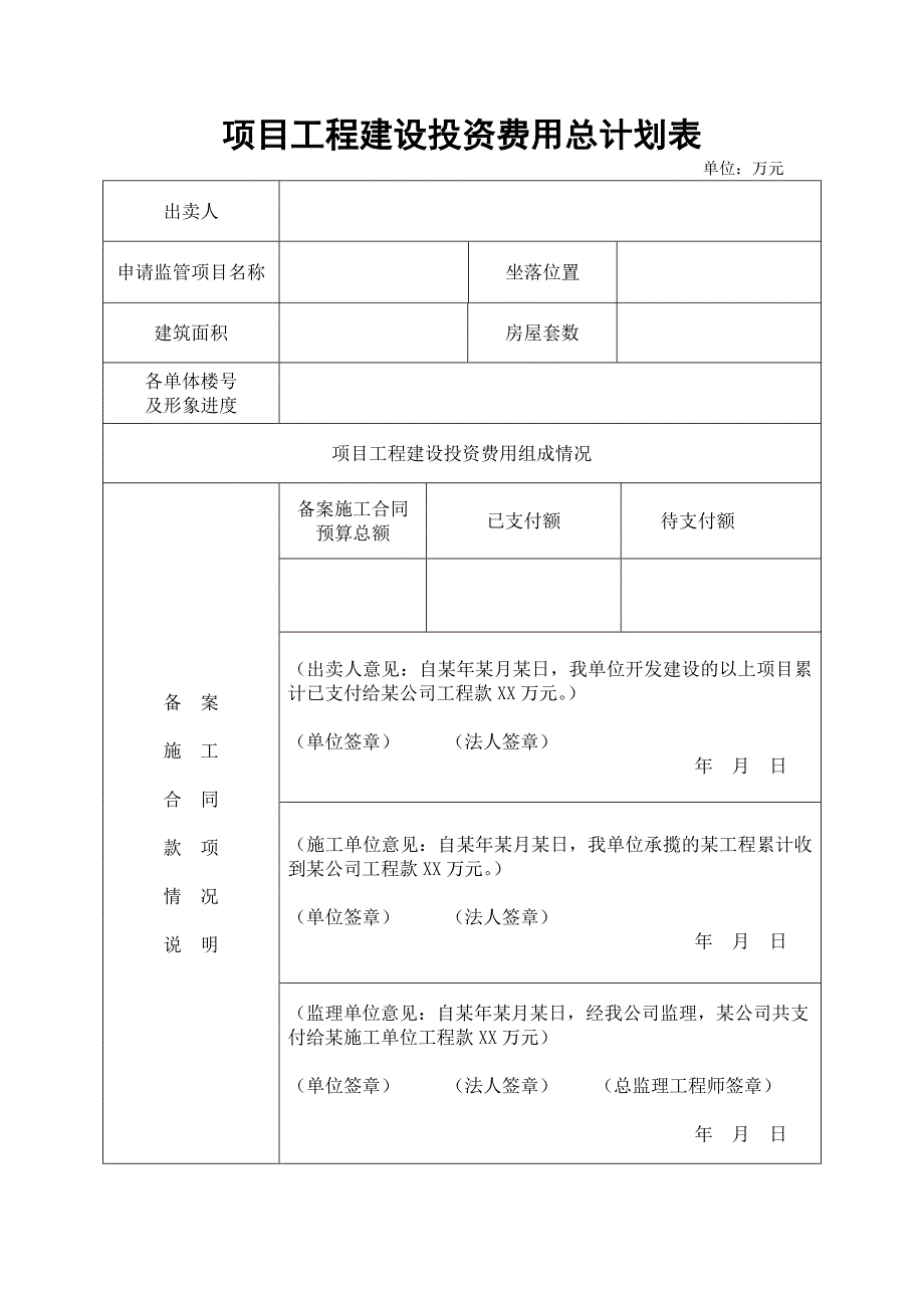 项目工程建设投资费用总计划表_第1页