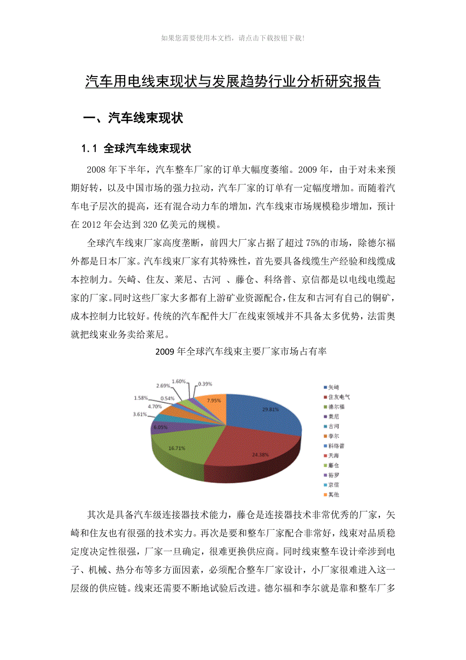 汽车用电线束现状与发展趋势行业分析研究报告Word版_第1页