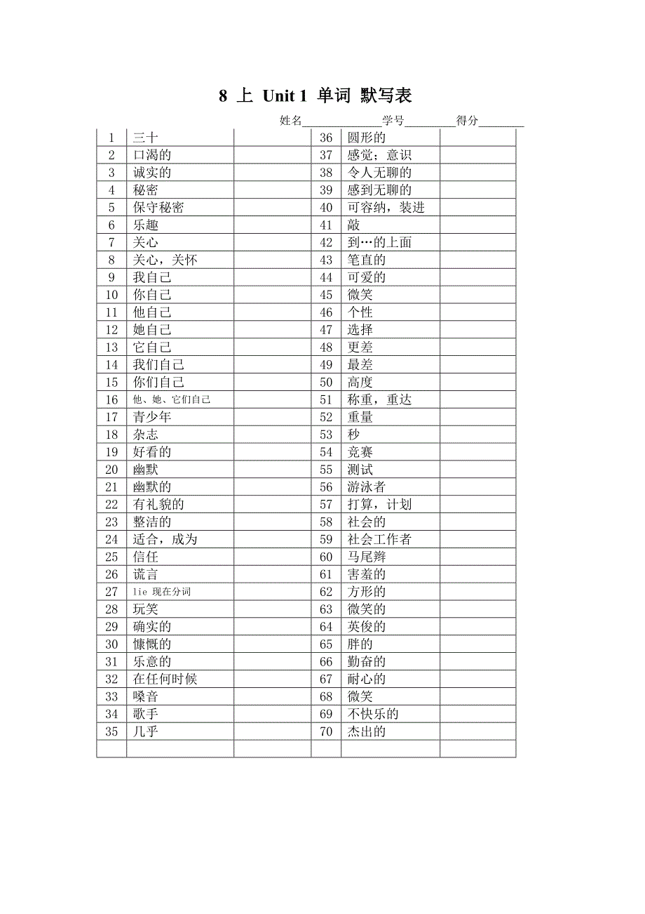 8上Unit1单词默写表_第1页