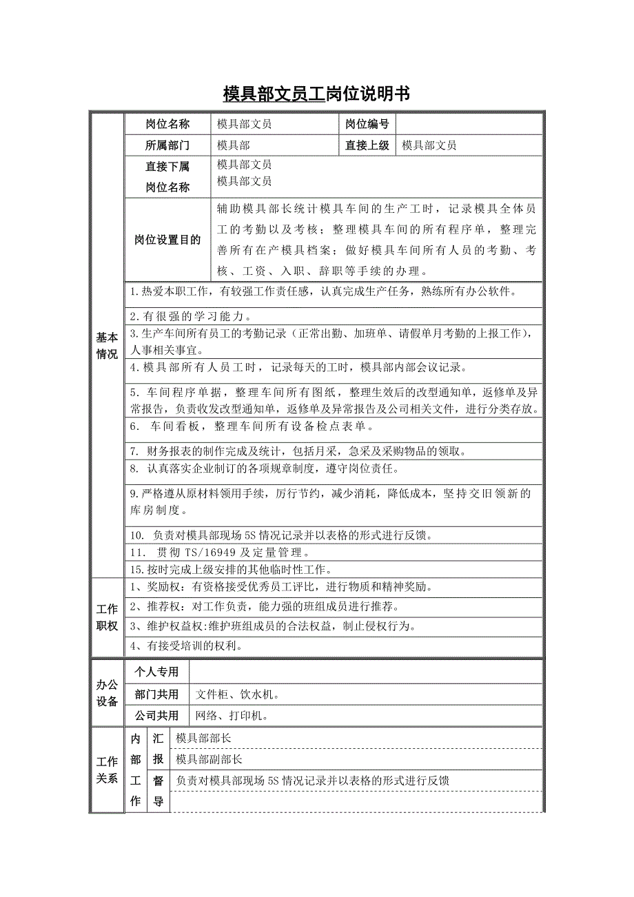模具文员工岗位说明书_第1页