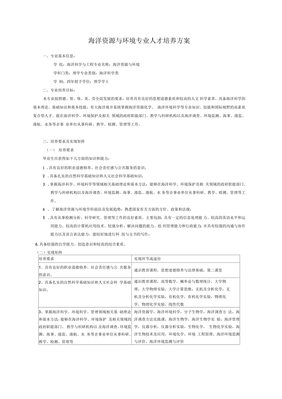 海洋资源与环境专业人才培养方案_第1页