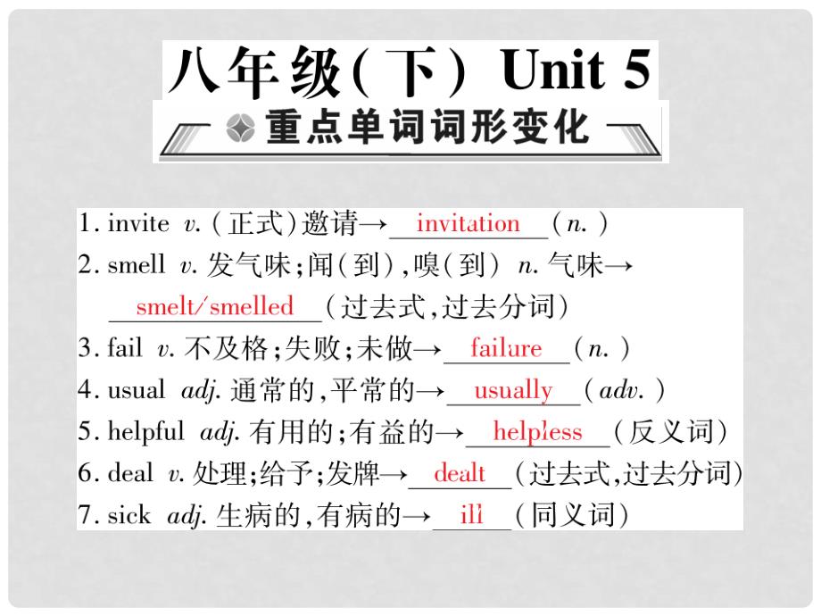 重庆市中考英语总复习 第1部分 教材回顾 八下 Unit 5 课件 仁爱版_第1页