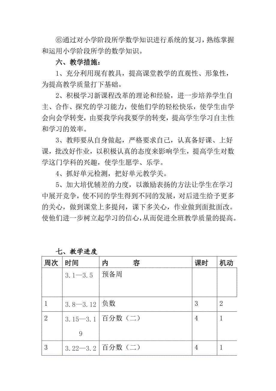 2021春新版人教版六年级数学下册教学计划与进度表_第5页