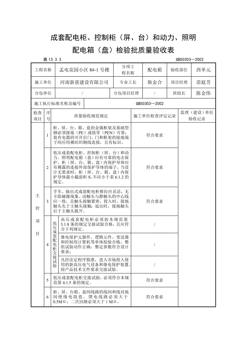 成套配电柜、控制柜和动力照明配电箱检验批质量验收表_第1页