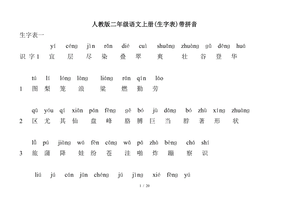 人教版二年级语文上册(生字表)带拼音.doc_第1页