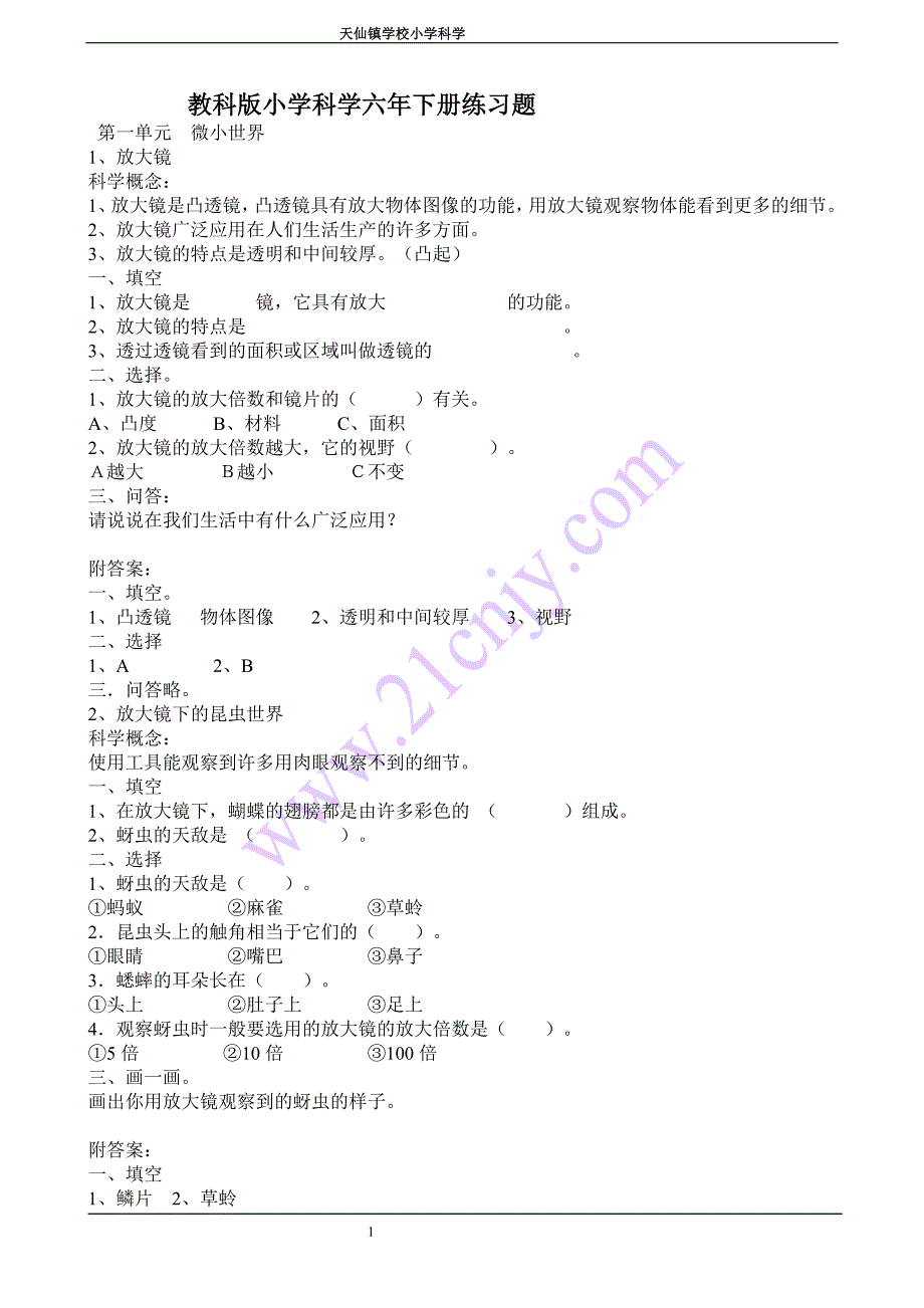 教科版小学科学六年下册练习题[1].doc_第1页