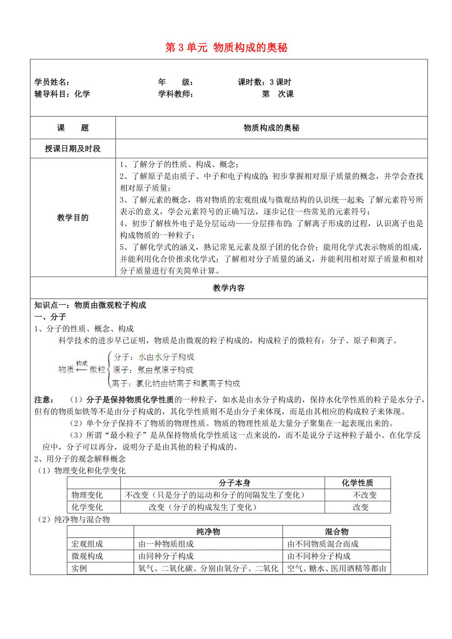 九年级化学上册第3单元物质构成的奥秘辅导讲义新版新人教版_第1页