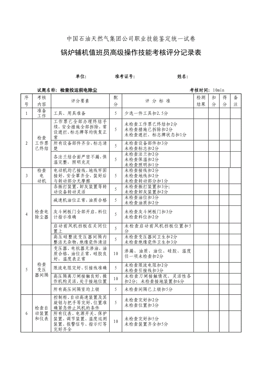 中国石油天然气集团公司职业技能鉴定统一试卷锅炉辅机值班员高级操作技能考核评分记录表_第1页