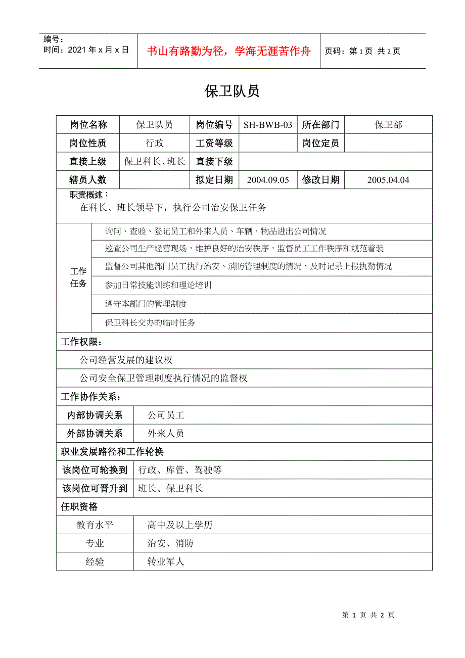 某汽车集团保卫部保安(保卫队员)岗位说明书_第1页