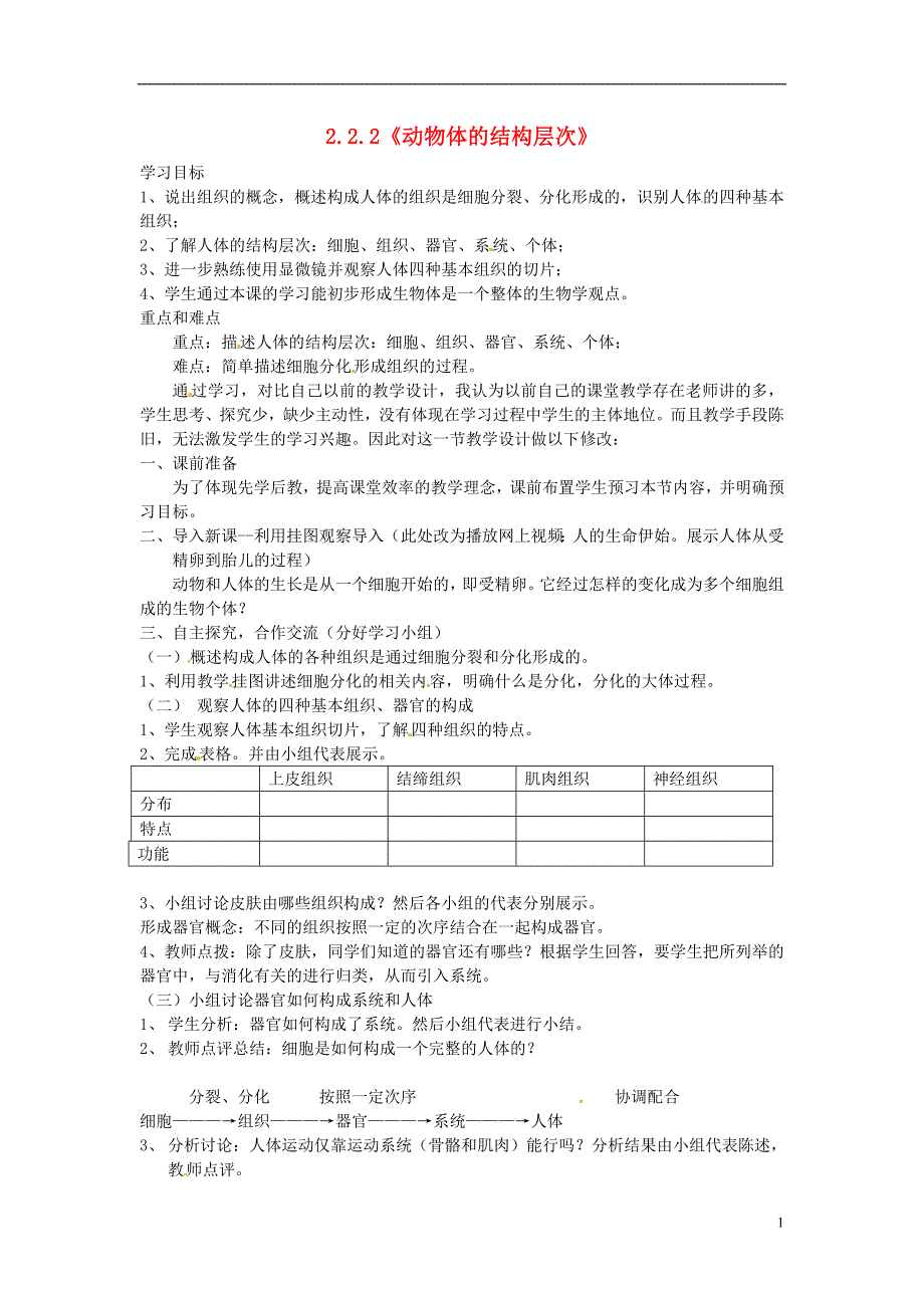 海南省海口市第十一中学七年级生物上册 2.2.2《动物体的结构层次》导学案（无答案）（新版）新人教版_第1页