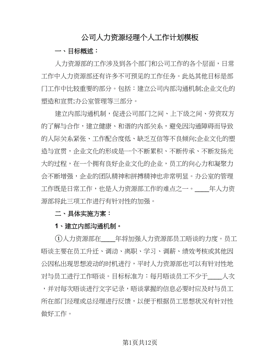 公司人力资源经理个人工作计划模板（2篇）.doc_第1页