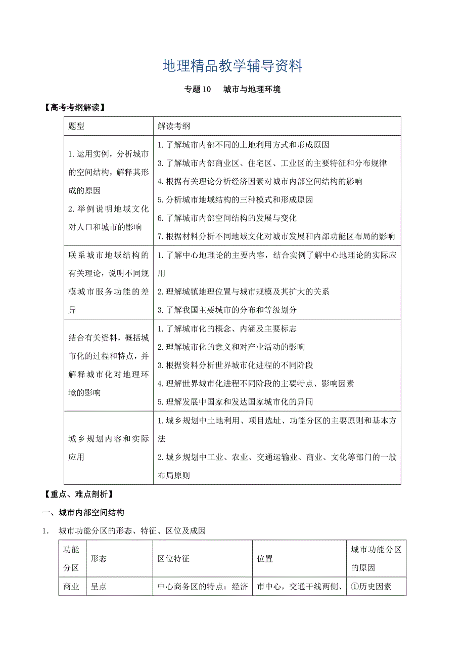 【精品】高考地理考纲解读突破：专题10城市与地理环境教学案含答案_第1页