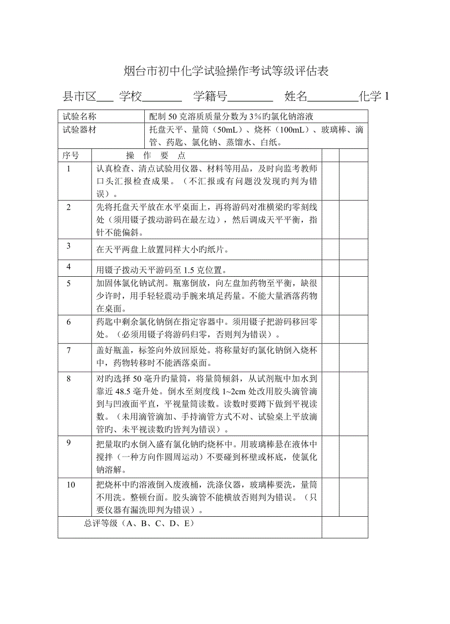 烟台市初中化学实验操作考试_第1页