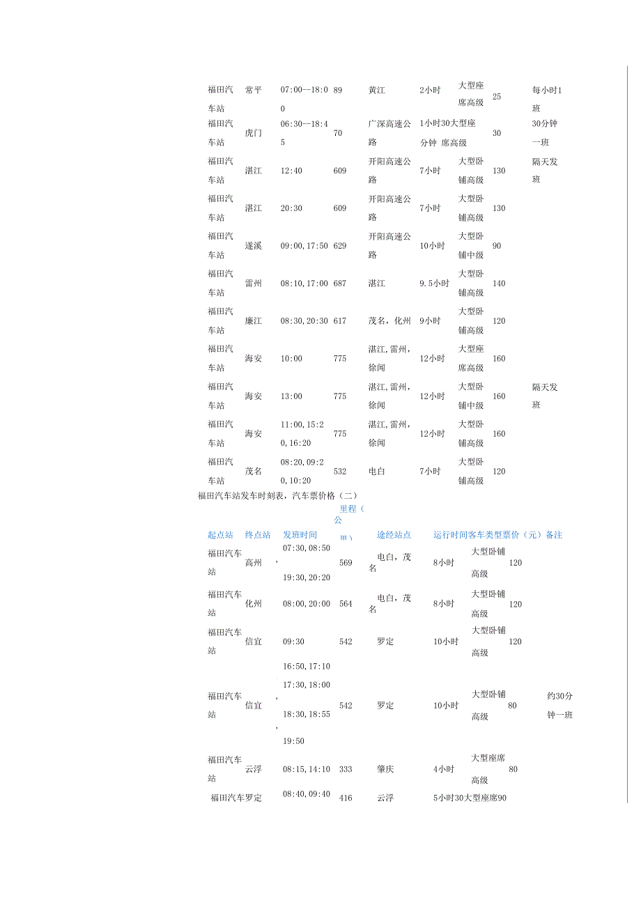 深圳福田汽车站发车时刻表汽车票价格_第2页