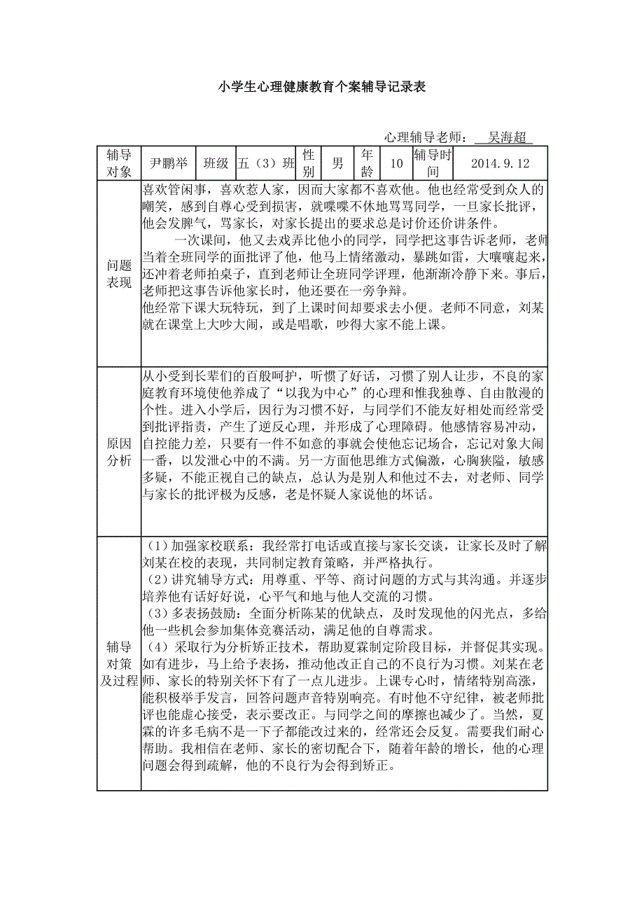 精品小学生心理健康教育个案辅导记录表2_第1页