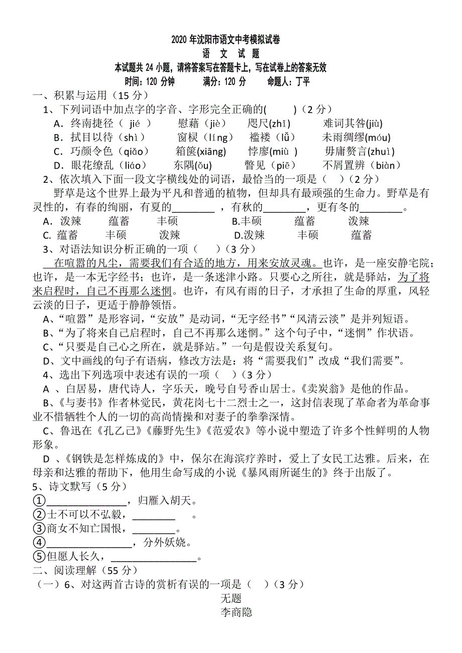 2020年沈阳中考语文模拟试卷(含答案)_第1页