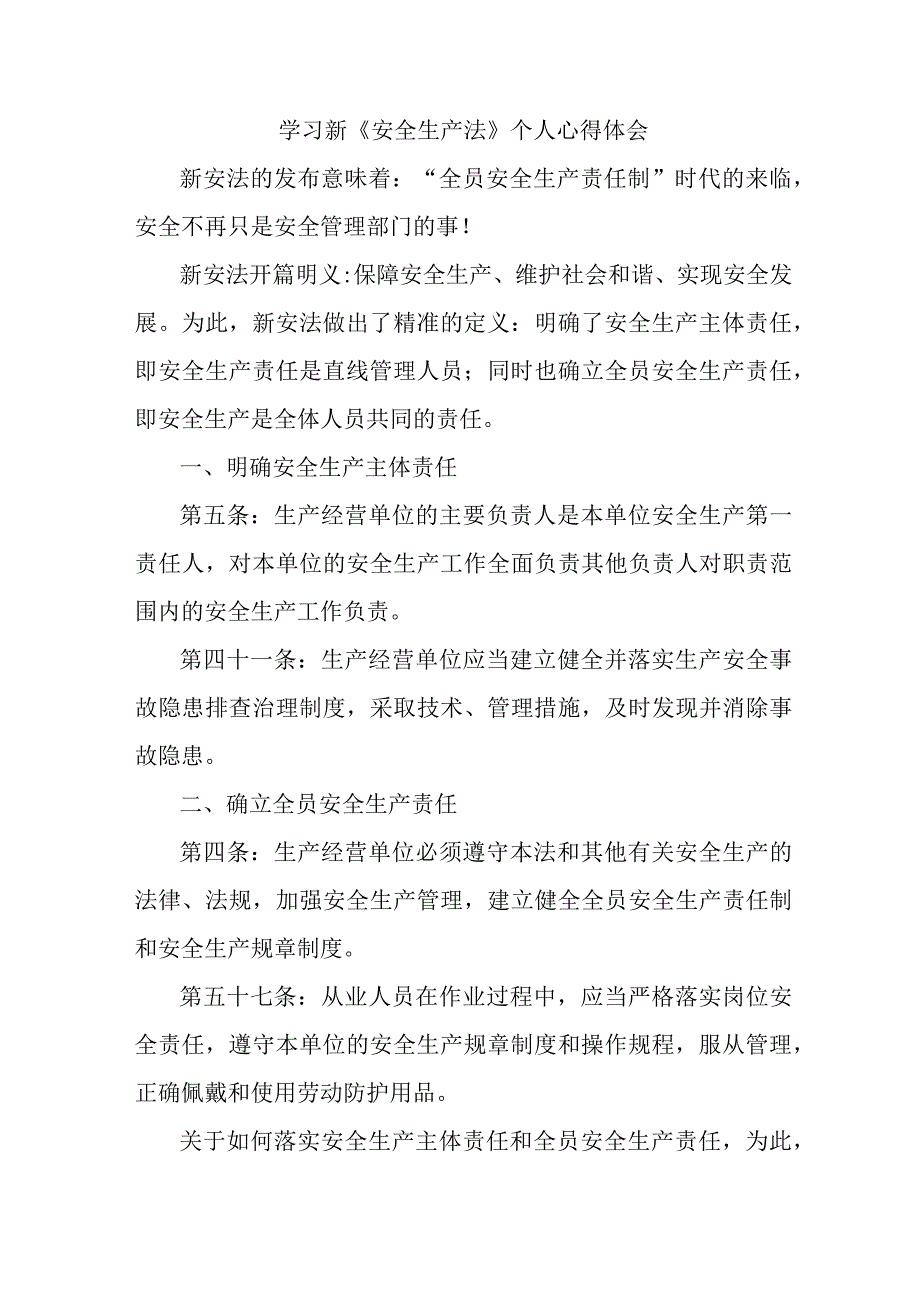 国企安全监督员学习新安全生产法个人心得体会 （合计5份）_第1页