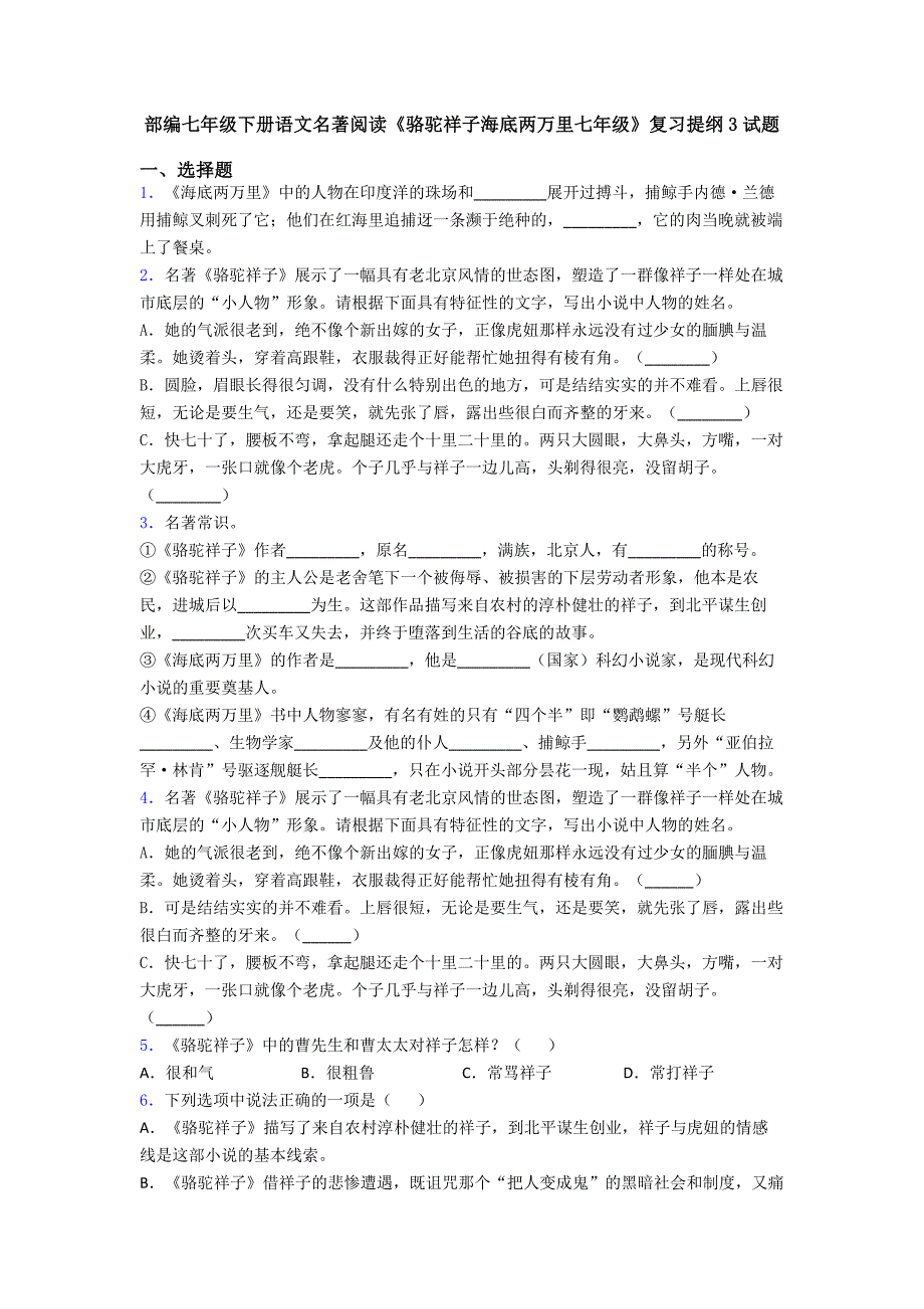 部编七年级下册语文名著阅读《骆驼祥子海底两万里七年级》复习提纲3试题.doc_第1页