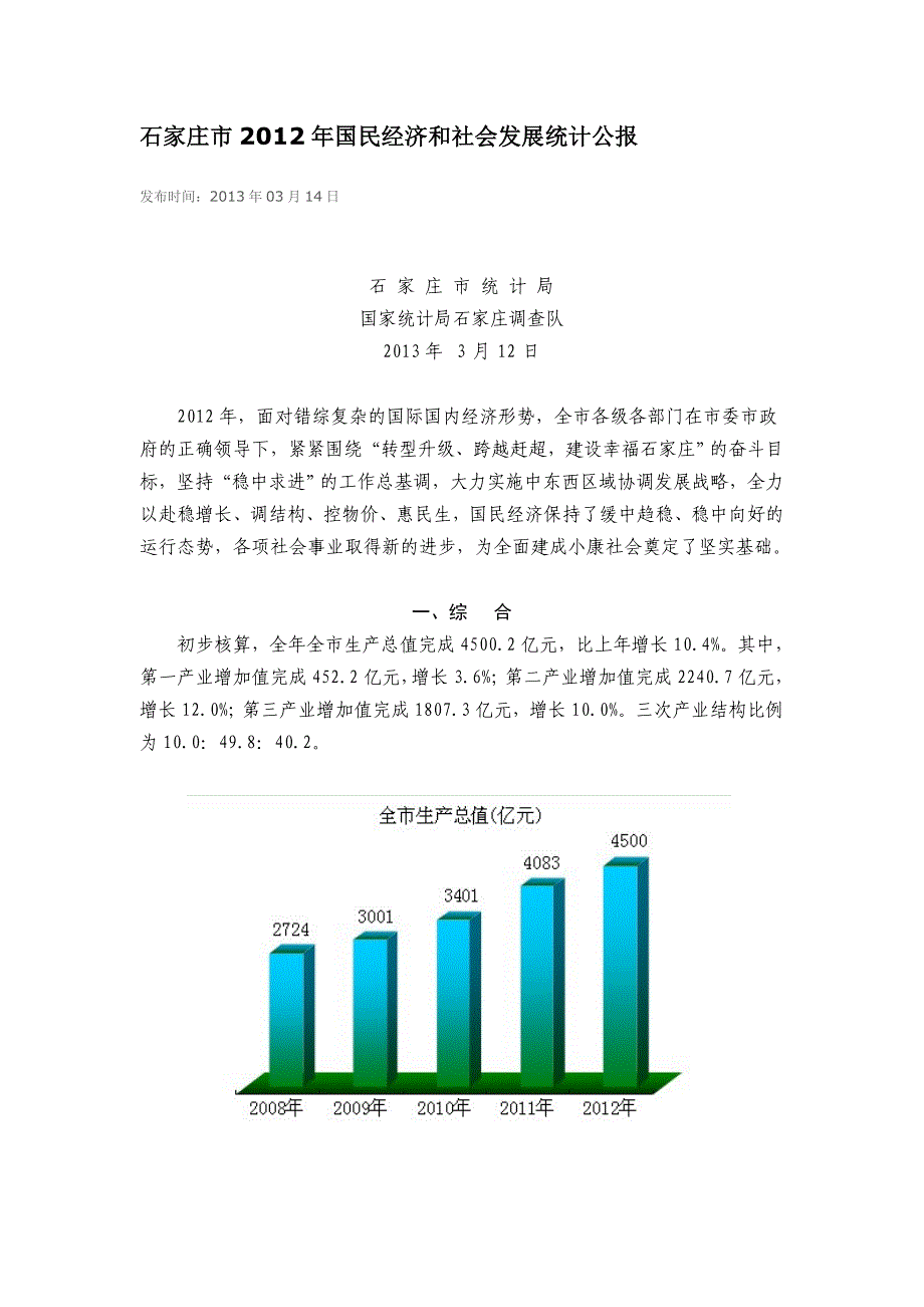石家庄市2012年国民经济和社会发展统计公报_第1页