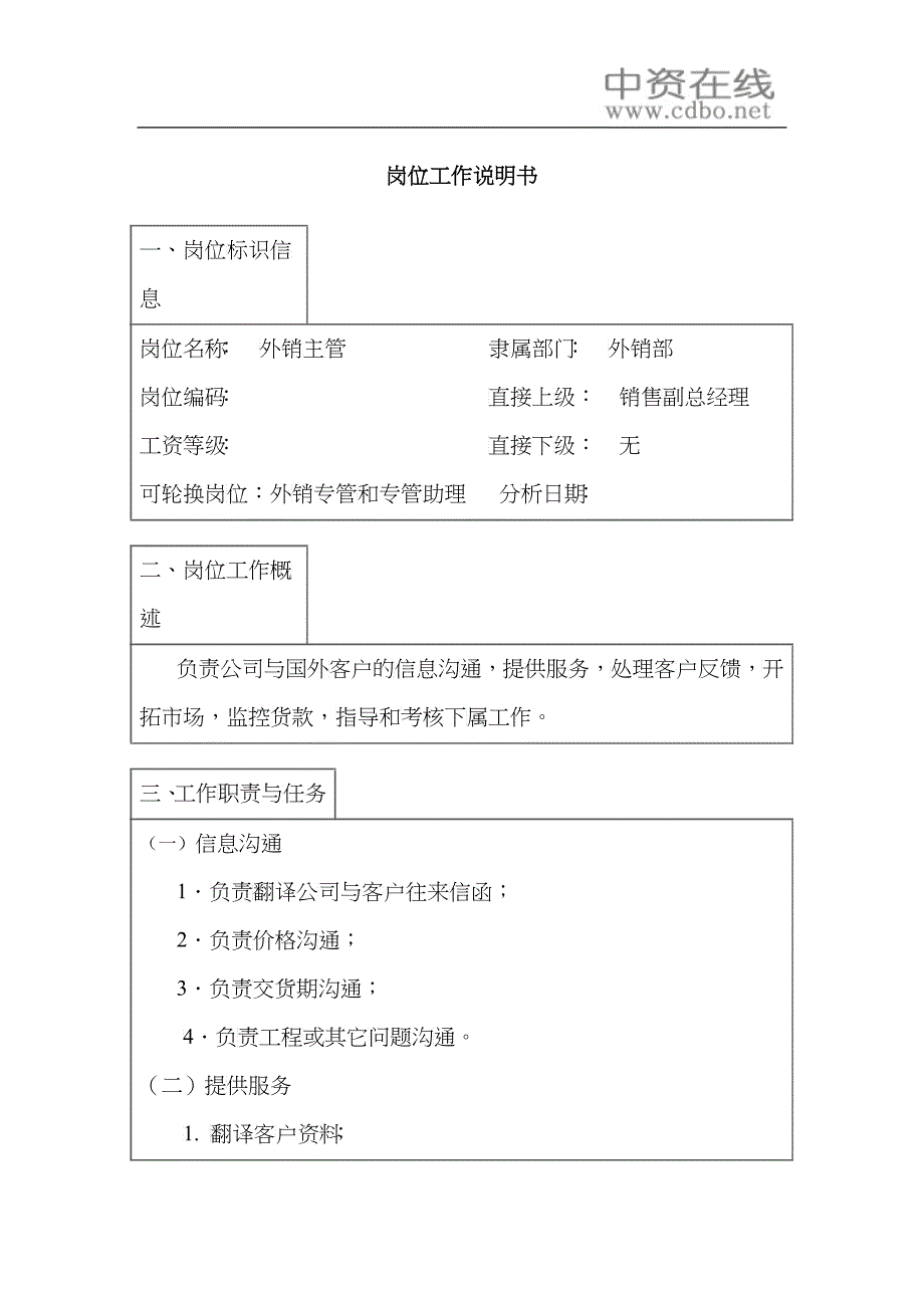 【工作分析】外销主管岗位工作说明书_第1页