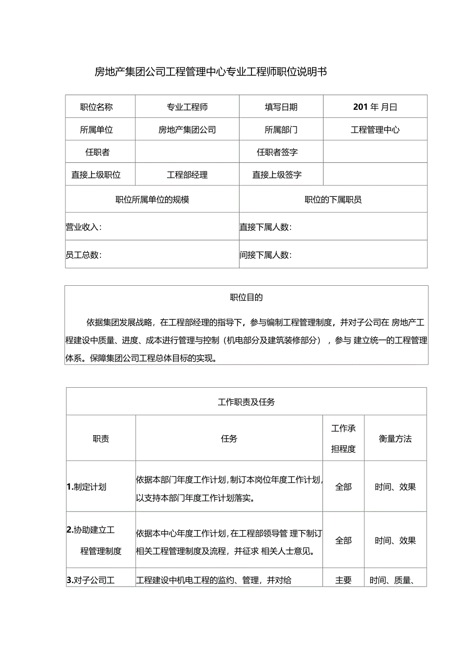 房地产集团公司工程管理中心专业工程师职位说明书_第1页