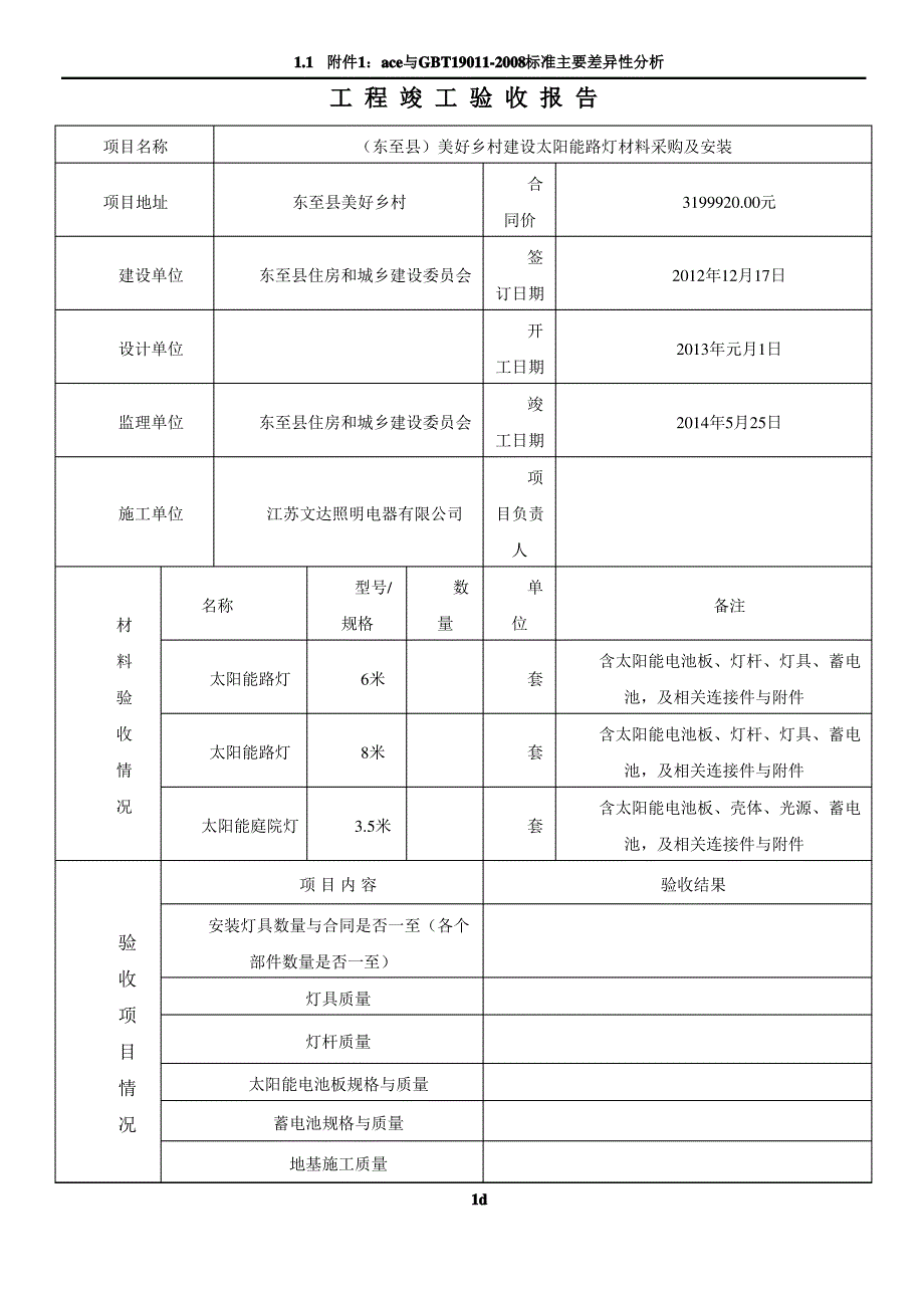 美好乡村建设太阳能路灯亮化工程竣工验收报告_第1页