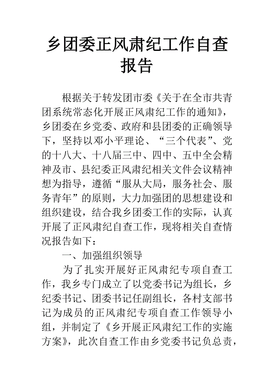 乡团委正风肃纪工作自查报告.docx_第1页