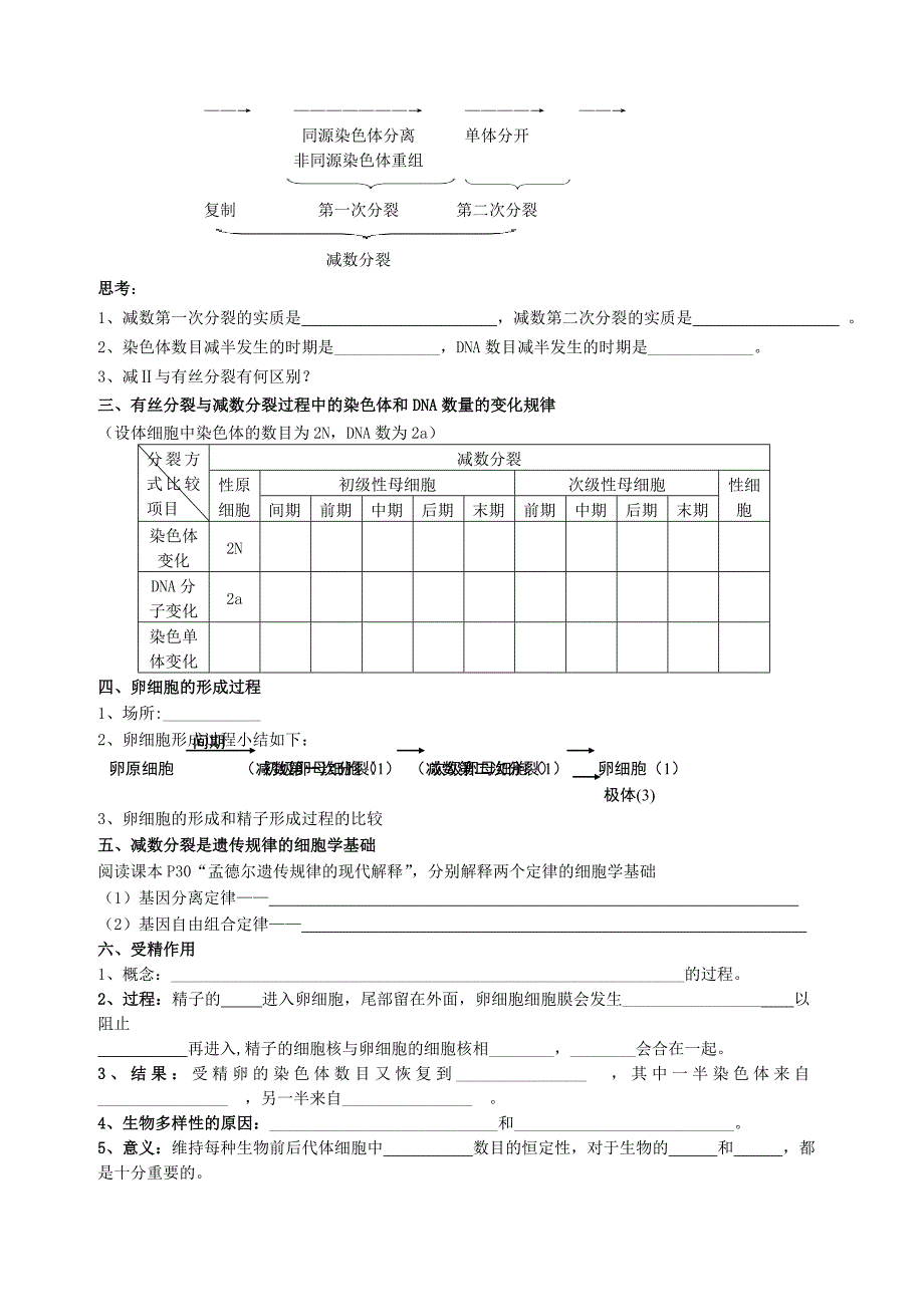 金识源专版高中生物第2章第1节减数分裂和受精作用学案无答案新人教版必修2_第2页