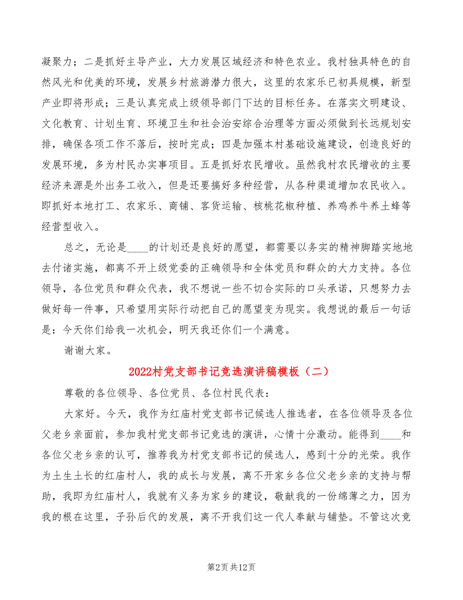 2022村党支部书记竞选演讲稿模板(4篇)_第2页