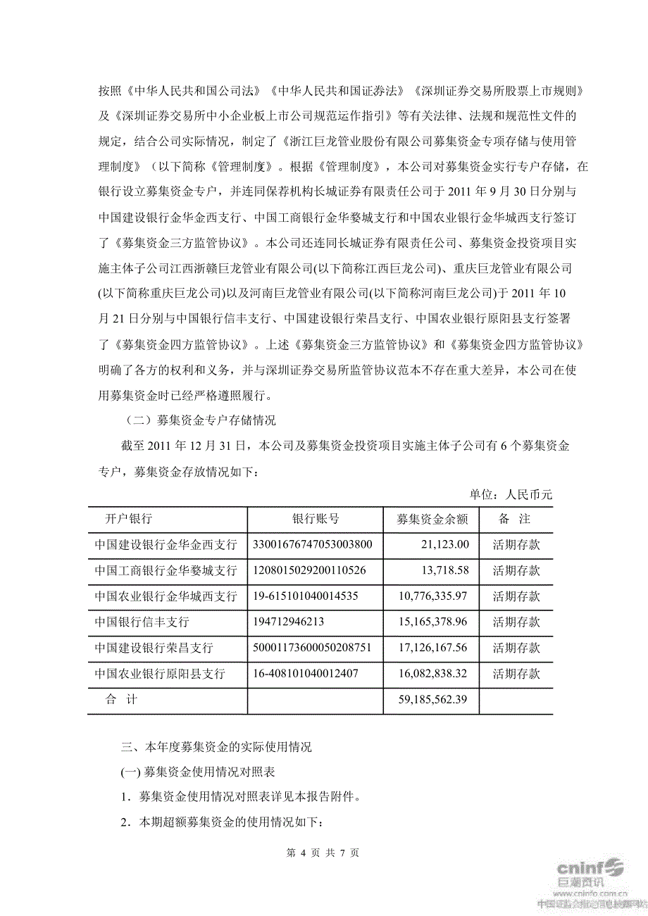 巨龙管业：关于募集资金存放与使用情况的专项报告_第2页