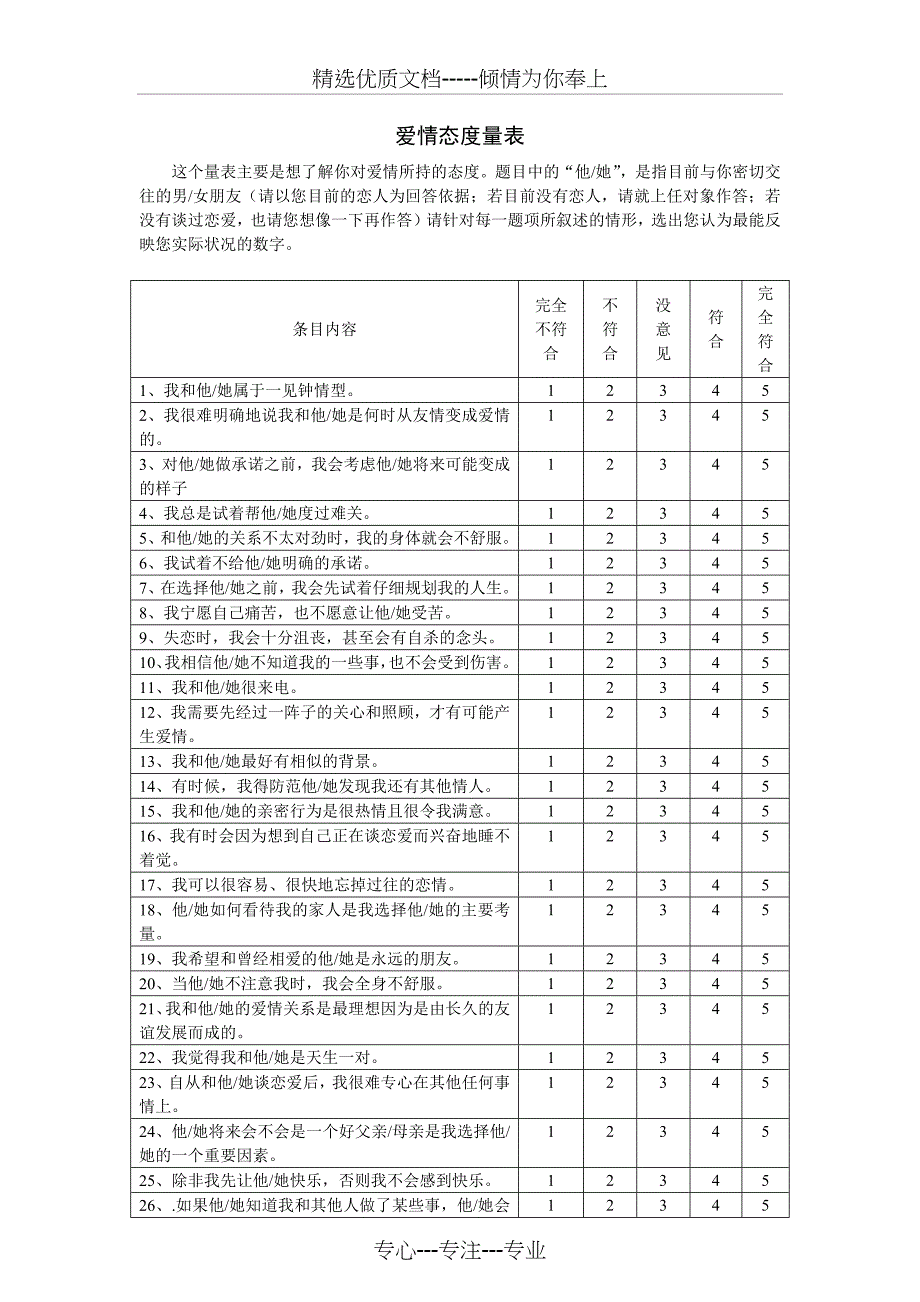 爱情态度量表LAS附各题目所属维度_第1页