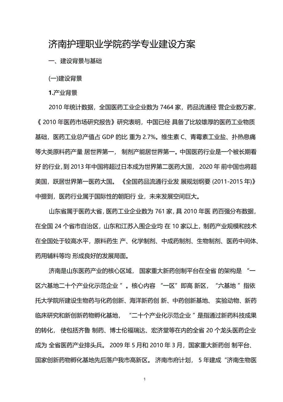 济南护理职业学院药学专业建设方案_第1页