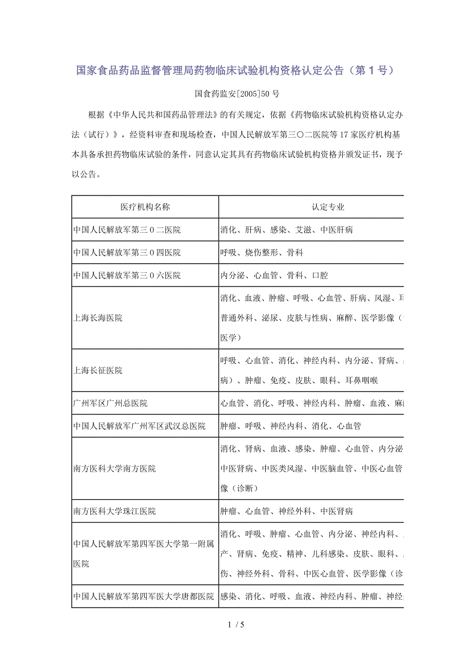 国家食品药品监督管理局药物临床试验机构资格认定公告_第1页