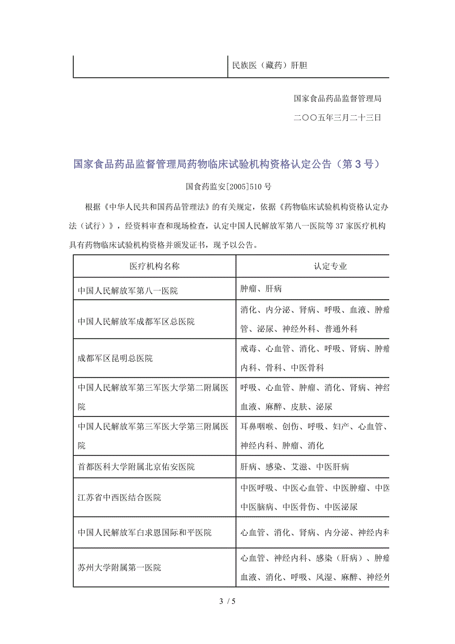 国家食品药品监督管理局药物临床试验机构资格认定公告_第3页