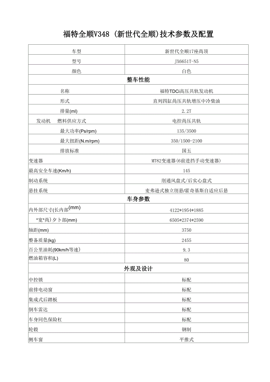 福特全顺V348技术参数及配置_第1页