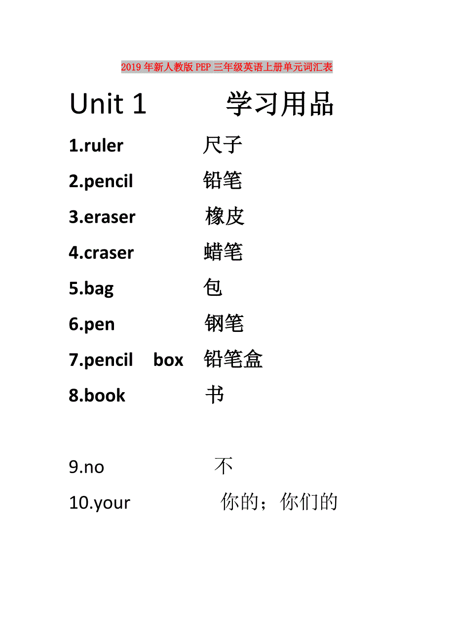 2019年新人教版PEP三年级英语上册单元词汇表.doc_第1页