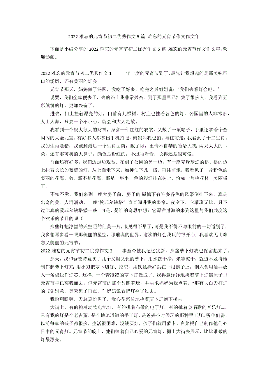 2022难忘的元宵节初二优秀作文5篇 难忘的元宵节作文作文年_第1页