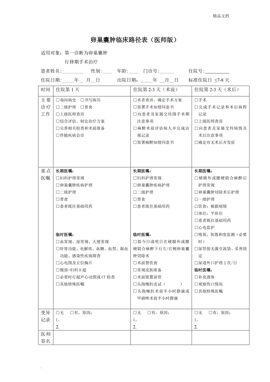 卵巢囊肿临床路径表_第1页