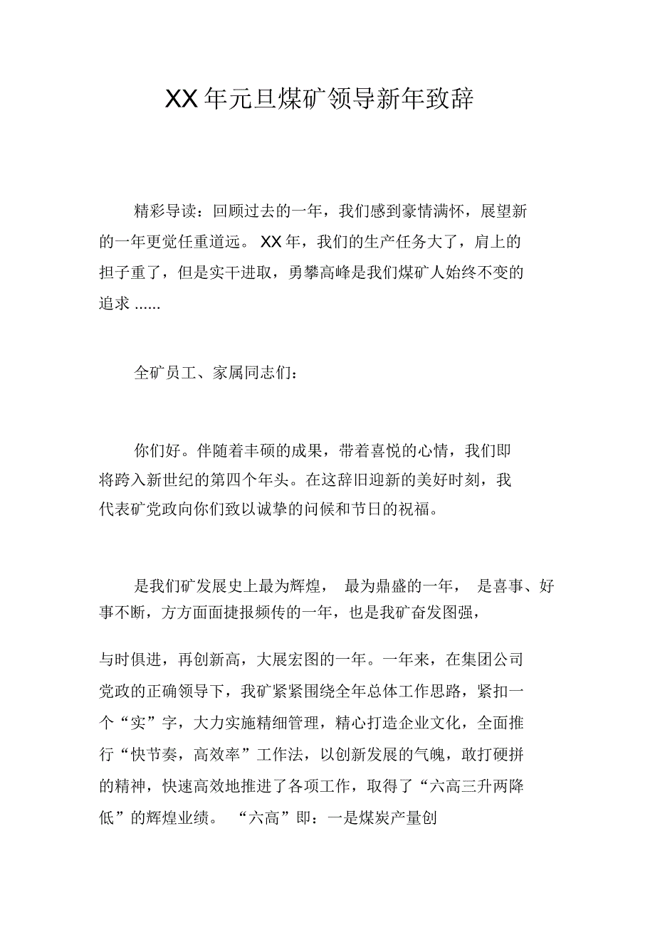 XX年元旦煤矿领导新年致辞_第1页