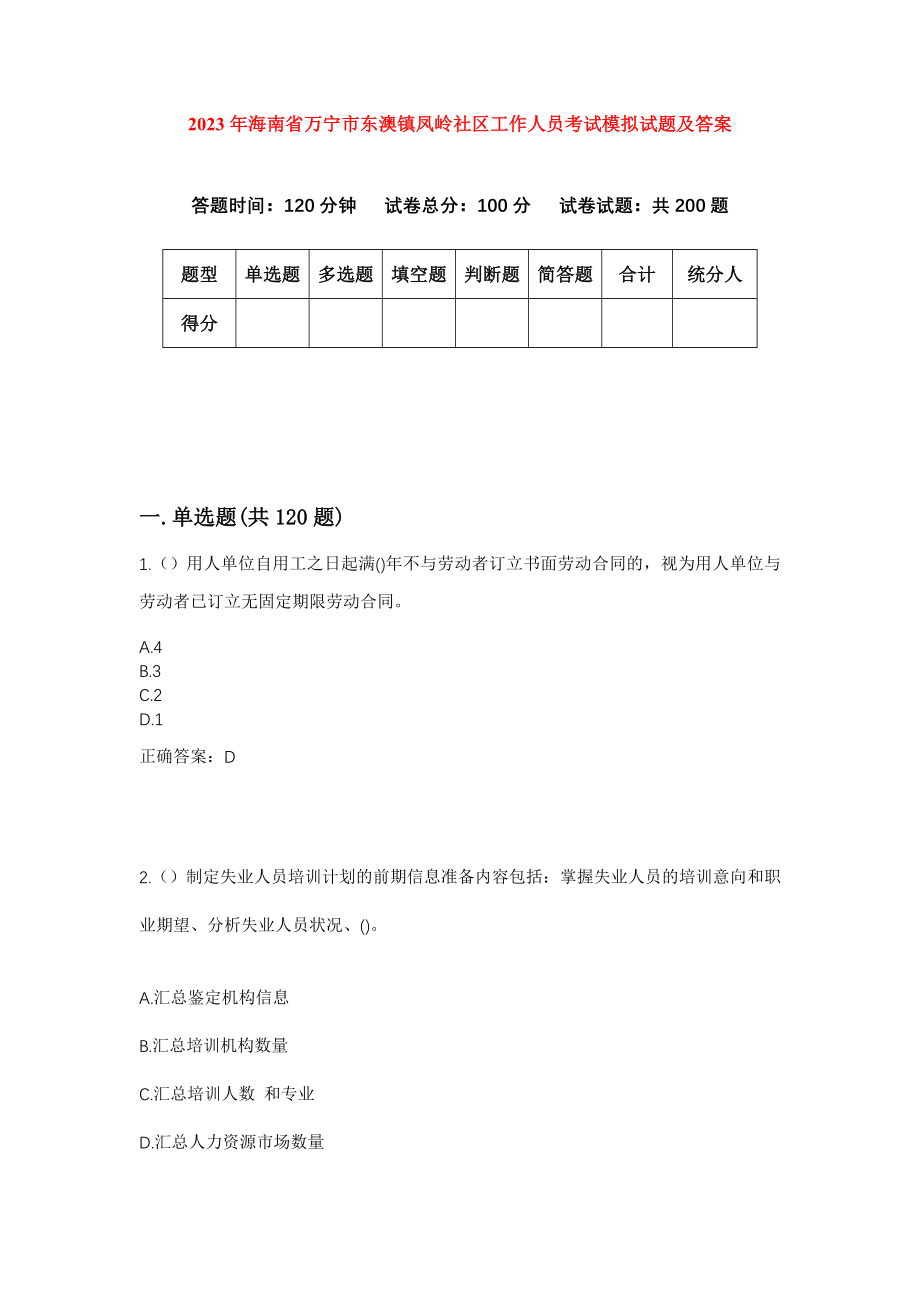 2023年海南省万宁市东澳镇凤岭社区工作人员考试模拟试题及答案_第1页