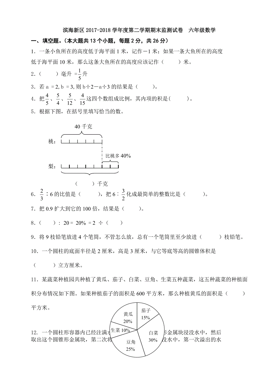 第二学期滨海新区六年级数学期末试卷_第1页