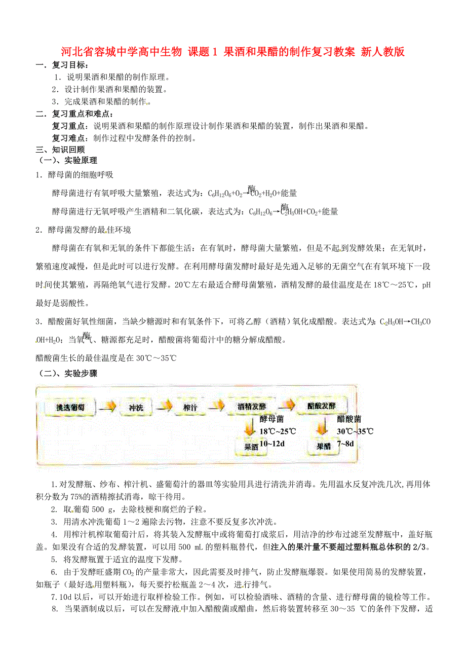 河北省容城中学高中生物课题1果酒和果醋的制作复习教案新人教版_第1页