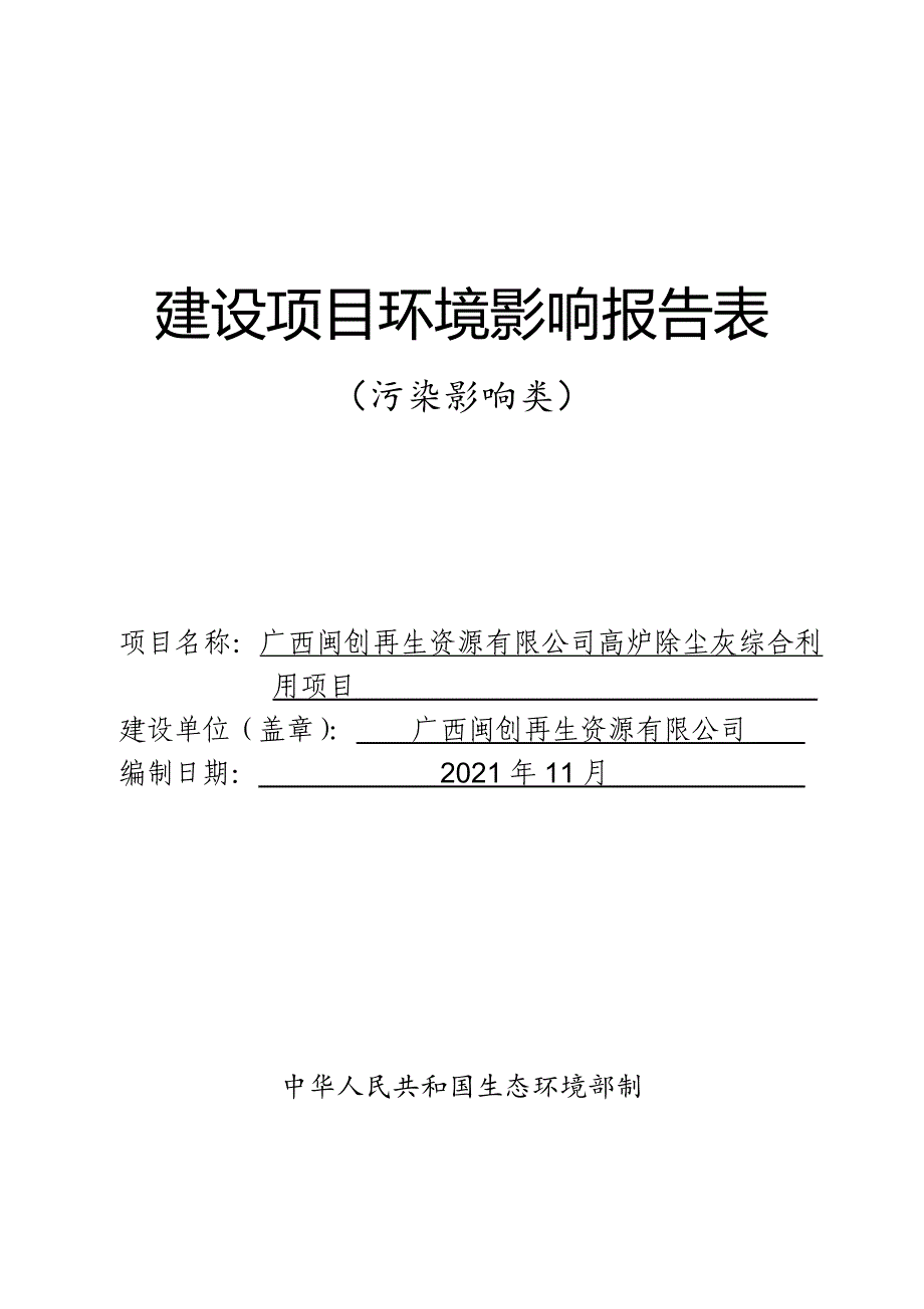 广西闽创再生资源有限公司高炉除尘灰综合利用项目环境影响报告表.doc_第1页