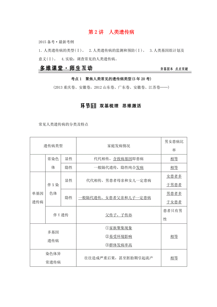 （山东专用）2015年高考生物 第三单元 第2讲 人类遗传病教学案 新人教版必修_第1页