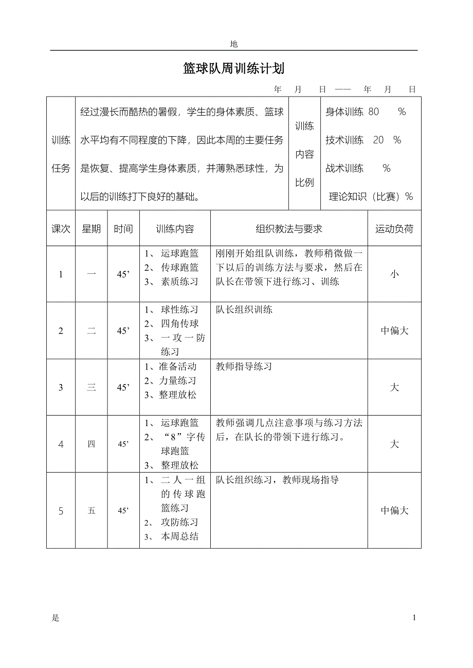 篮球队周训练计划_第1页