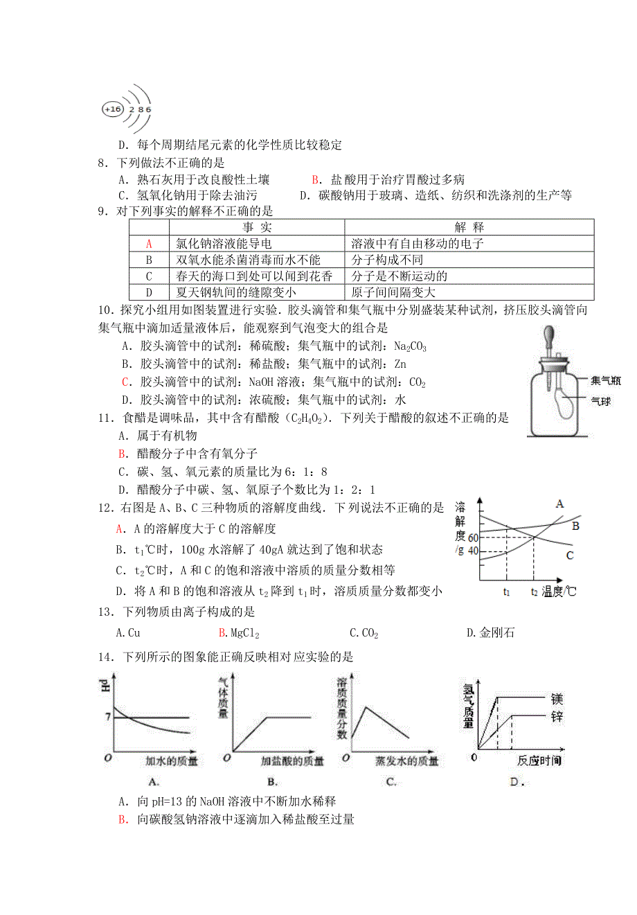 海南省九年级化学模拟试题三含答案_第2页