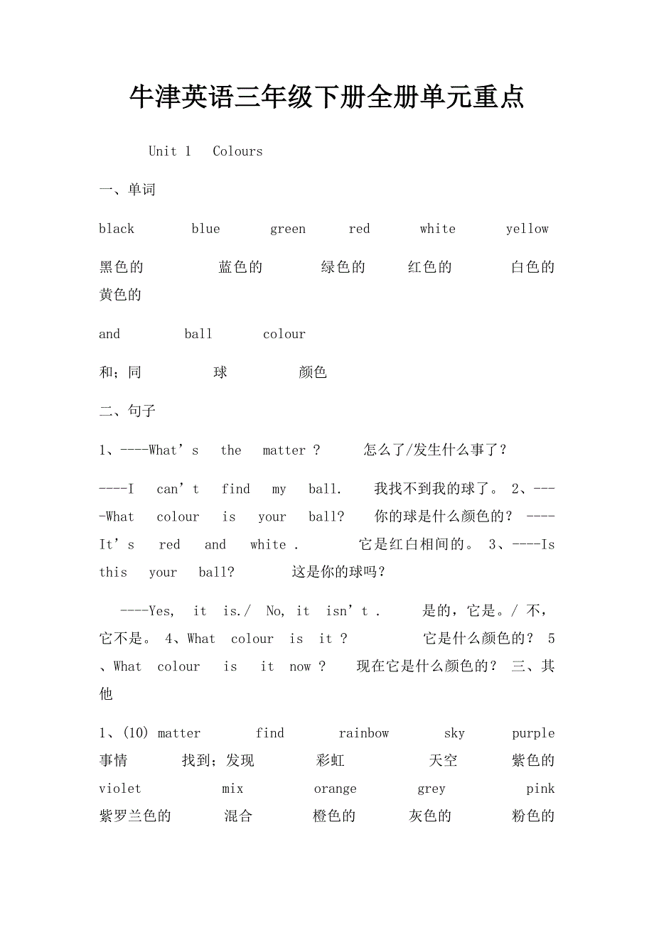 牛津英语三年级下册全册单元重点_第1页